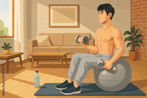 A muscular young man is exercising at home, sitting shirtless on a stability ball while performing dumbbell curls. He is wearing gray sweatpants and black sneakers. The setting is a cozy, well-lit
