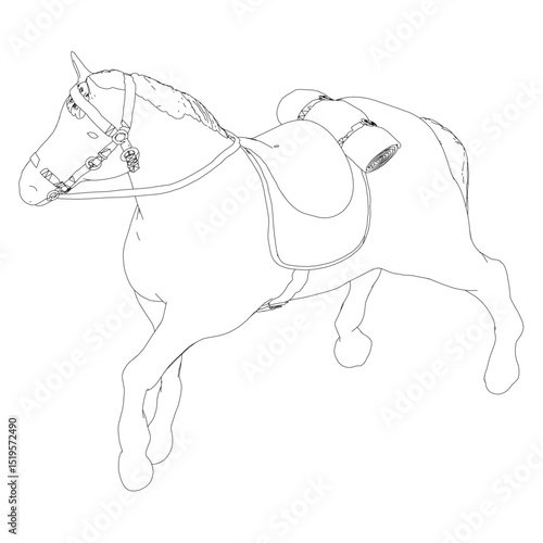 A horse is running with a saddle on its back. The saddle is black and white. The horse is wearing a bridle