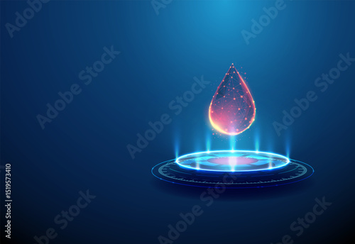 Blood drop on blue futuristic podium. Blood diagnostics, laboratory testing, disease biomarkers, medical technology concept.