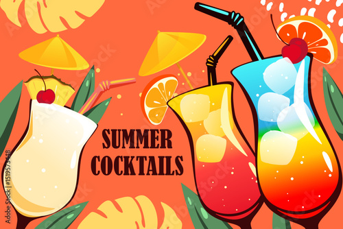 Summer cocktails background. Summer refreshing drinks, pina colada, rainbow cocktail, sex on the beach. Vector illustration.