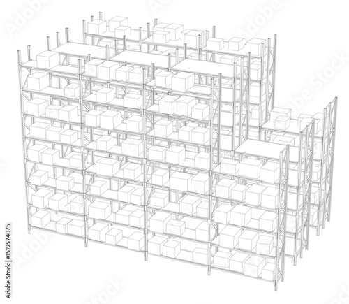 A large building with many shelves and boxes. The building is very tall and has many floors. The boxes are stacked on top of each other, and the shelves are filled with them