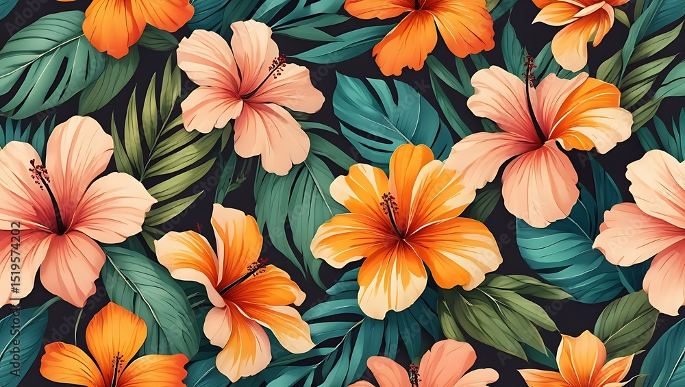 Vibrant Tropical Hibiscus Flower Pattern Seamless Design for Textiles and Fabrics Vibrant Tropical Hibiscus Flower Pattern Seamless Design for Textiles and Fabrics