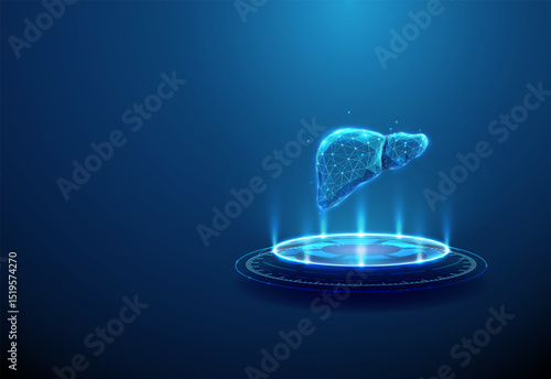 Liver on futuristic podium. Hepatic diagnostics, medical imaging, liver analysis, biotechnology concept.
