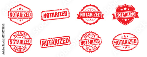 set of red grunge notarized stamp icons vector illustrations, for legal document authentication and official verification