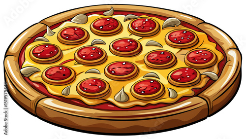Golden crust loaded with melted cheese and crisp-edged pepperoni slices, displayed close-up on a clean white backdrop, highlighting the savory appeal of America’s favorite pizza classic.