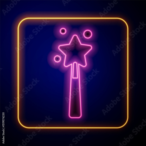Glowing neon Magic wand icon isolated on black background. Star shape magic accessory. Magical power. Vector