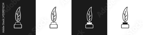 Set Feather and inkwell icon isolated on black and white background. Vector