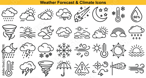 Weather Forecast and Climate Linear Icons Sunny, Cloudy, Rainy, Stormy, and Windy Elements