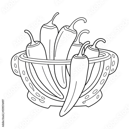 A black and white chilli peppers illustration line art of a coloring page