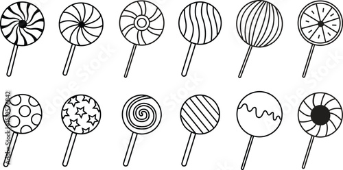 Lollipop with spiral line icons set, twisted sucker candy on stick. Vector round candies with striped swirls. Hard sugar caramel, lollypop collection