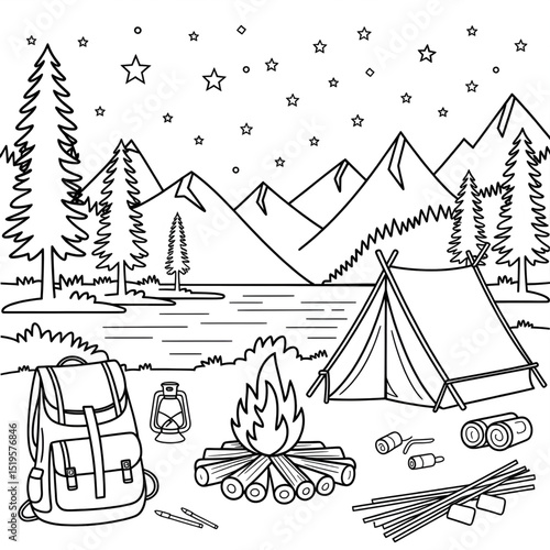 A black and white camping illustration line art of a coloring page 