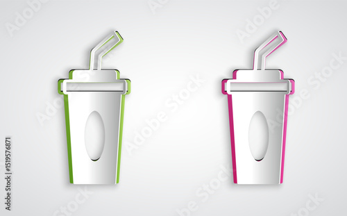 Paper cut Paper glass with drinking straw and water icon isolated on grey background. Soda drink glass. Fresh cold beverage symbol. Paper art style. Vector