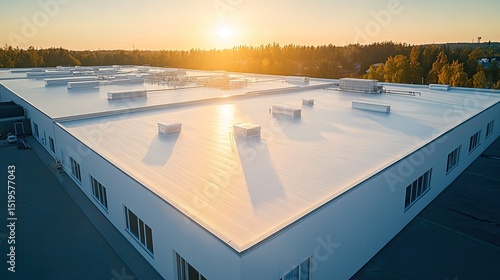 Aerial high-angle view of seamless white PVC flat roof on a large commercial factory building during summer.