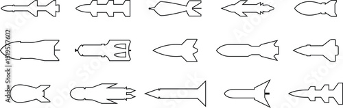 Guided missile weapon or ballistic rocket weapons with booster line vector icon set for apps and websites