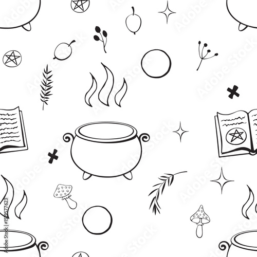A witch's potion. Ingredients for making a magical brew. Seamless pattern of outline elements. Halloween theme and female power