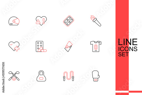 Set line Boxing glove, Jump rope, Weight, Ice hockey sticks and puck, Football jersey t-shirt, Flippers for swimming, Sports doping with dumbbell and Heart rate icon. Vector