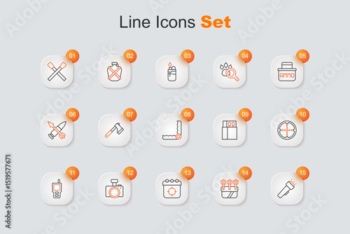 Set line Flashlight, Quiver with arrows, Target sport, Photo camera, Walkie talkie, Sniper optical sight, Open matchbox and matches and Trap hunting icon. Vector