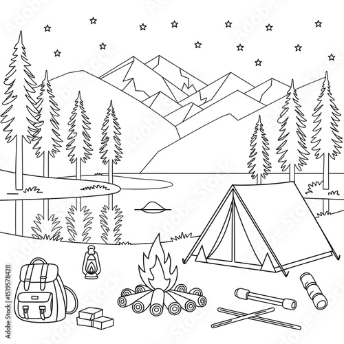 A camping illustration line art of a coloring page 
