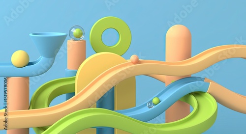 Colorful 3D abstract marble run with balls and tracks on blue background, playful geometric shapes, minimal design