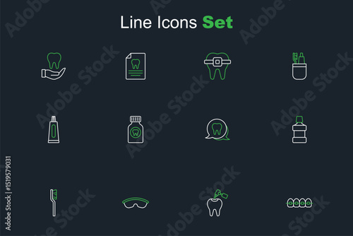 Set line Teeth with braces, Tooth caries and drill, Safety goggle glasses, Toothbrush, Mouthwash, Toothache painkiller tablet and Tube of toothpaste icon. Vector