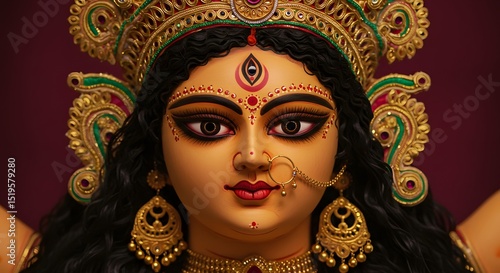 Detail shot of a Hindu goddess Durga’s face with vibrant paint and gold accents.