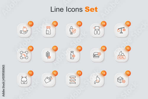 Set line No sugar free, Human stomach health, Sports nutrition proteine, Finger blood, Obesity, Kcal, burger and Lactose intolerance icon. Vector
