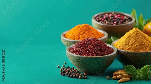 A vibrant display of colorful spices in bowls, showcasing the rich diversity of flavors and aromas in cooking.