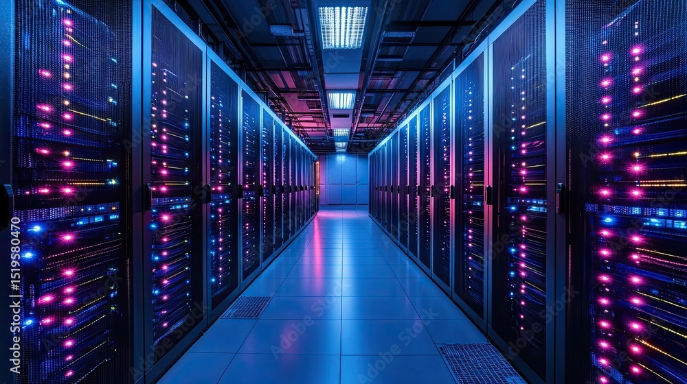 Advanced server room with LED-lit racks, showcasing cutting-edge data center technology and digital innovation. Advanced server room with LED-lit racks, showcasing cutting-edge data center technology and digital innovation.