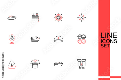 Set line Binoculars, Jet ski, Striped sailor t-shirt, Yacht sailboat, Nautical rope knots, Captain hat, Speedboat and Location with anchor icon. Vector