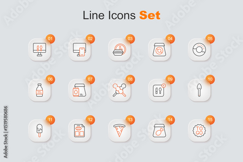Set line Coffee cup to go, Online ordering meal, Slice pizza, Restaurant cafe menu, Ice cream, Spoon, Food and Meatballs wooden stick icon. Vector