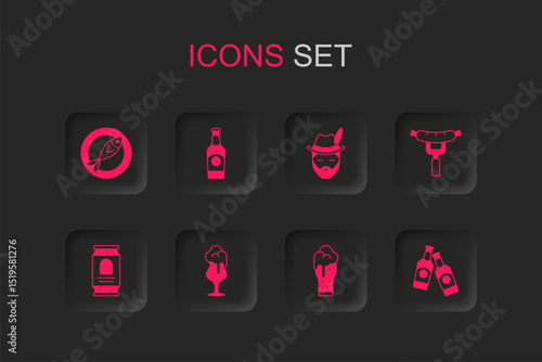 Set Glass of beer, Beer bottle, Dried fish, Sausage on the fork, Oktoberfest man and can icon. Vector