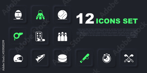 Set Stopwatch, Ice hockey sticks and puck, Sports doping with dumbbell, Baseball bat ball, Whistle, Fitness sneakers shoes, Badminton shuttlecock and Hockey icon. Vector