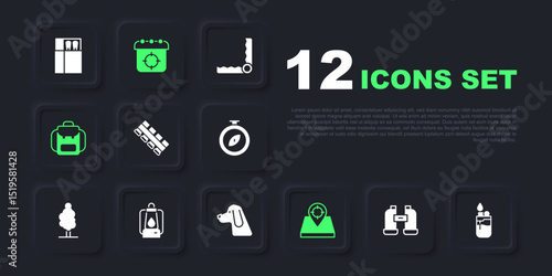 Set Binoculars, Lighter, Hunting cartridge belt, place, Hiking backpack, Camping lantern, Target sport and dog icon. Vector