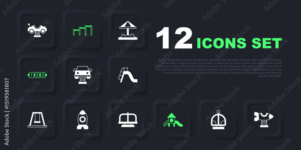 Set Attraction carousel, Swing plane, Slide playground, Education logic game, Rocket ship toy, Sport horizontal bar and icon. Vector Set Attraction carousel, Swing plane, Slide playground, Education logic game, Rocket ship toy, Sport horizontal bar and icon. Vector
