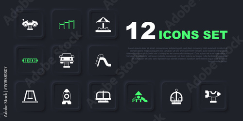 Set Attraction carousel, Swing plane, Slide playground, Education logic game, Rocket ship toy, Sport horizontal bar and icon. Vector