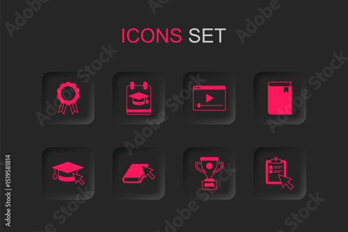Set Online book, education, with diploma, Award cup, Book, quiz, test, survey, play video and Graduation cap cursor icon. Vector