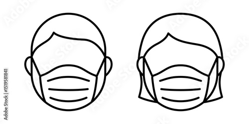 Vector isolated Girl and Boy wearing face mask icon set in black outline