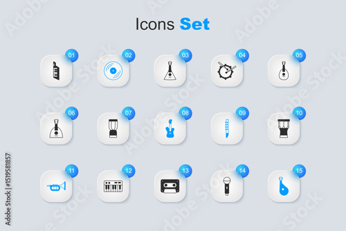 Set Microphone, African djembe drum, Vinyl disk, Trumpet, Bandura, percussion, Keytar and Electric bass guitar icon. Vector