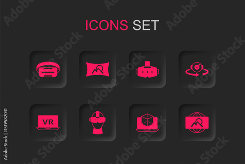 Set Virtual reality glasses, Wide angle picture, 3d modeling, 360 degree view, and icon. Vector