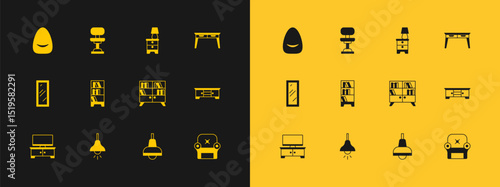 Set Office desk, Lamp hanging, Library bookshelf, Furniture nightstand with lamp, Pouf and chair icon. Vector