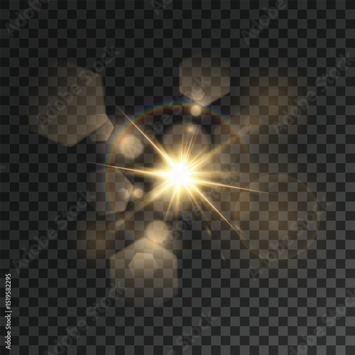 Golden Lens Flare with Soft Hexagons on Transparent Background

