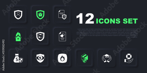 Set Education grant, Lifebuoy in hand, Delivery security with shield, Fire burning house, Shield eye, House and flame icon. Vector
