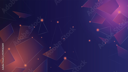 Abstract dark background featuring glowing gradient polygons and light dots in a deep blue and purple theme ideal for tech designs and modern interfaces
