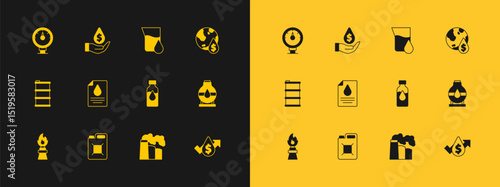 Set Oil drop with dollar symbol, Canister for gasoline, petrol test tube, and industrial factory, Contract money pen, Motor gauge and icon. Vector