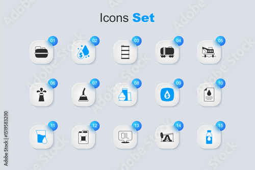 Set Oil pump or pump jack, Canister for motor machine oil, drop with dollar symbol, petrol test tube, Contract money and pen, gasoline and tank storage icon. Vector