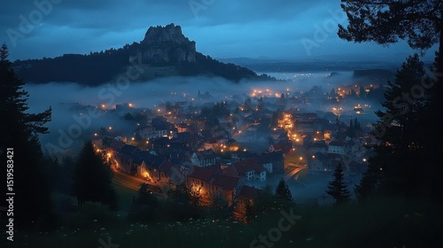 German Town Nestled in Foggy Valley with Illuminated Buildings and Distant Castle