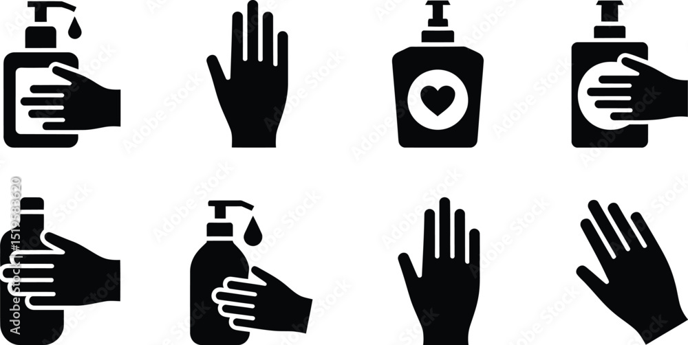 © MuhammadImran - Black and white vector illustration of hands and sanitizer bottles in a safety and hygiene concept © MuhammadImran - Black and white vector illustration of hands and sanitizer bottles in a safety and hygiene concept