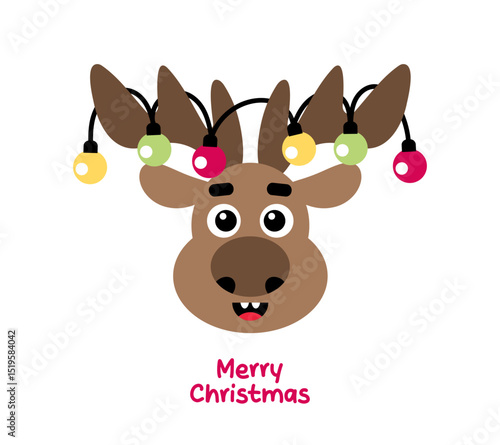 Cute cartoon reindeer with Christmas lights and text "Merry Christmas". Vector illustration isolated on white background.