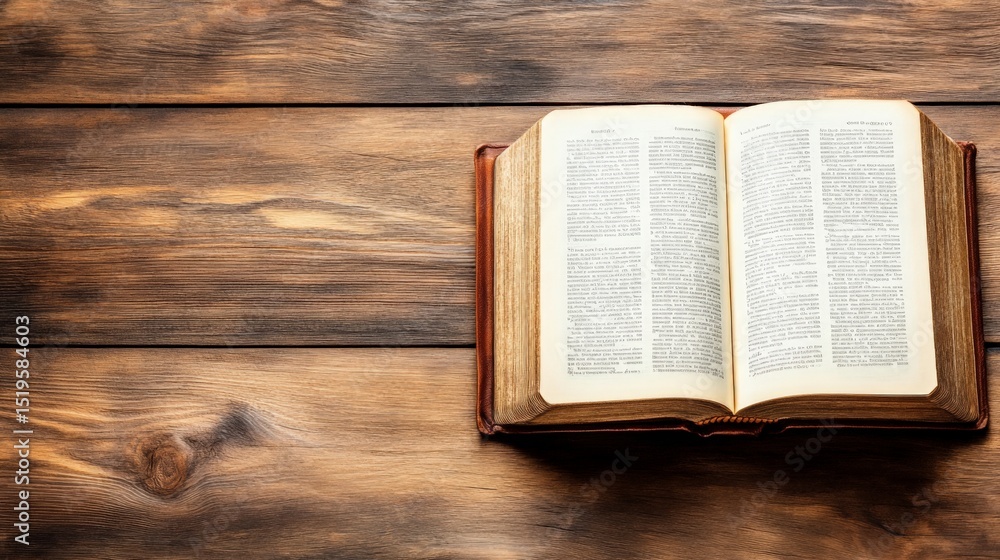 Obraz premium Open book placed on a wooden surface with visible grain and texture