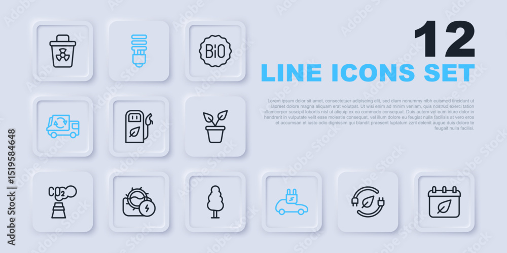 Set line Electric saving plug in leaf, Calendar with autumn leaves, Petrol or gas station, car, Garbage truck, Water mill, LED light bulb and Tree icon. Vector Set line Electric saving plug in leaf, Calendar with autumn leaves, Petrol or gas station, car, Garbage truck, Water mill, LED light bulb and Tree icon. Vector